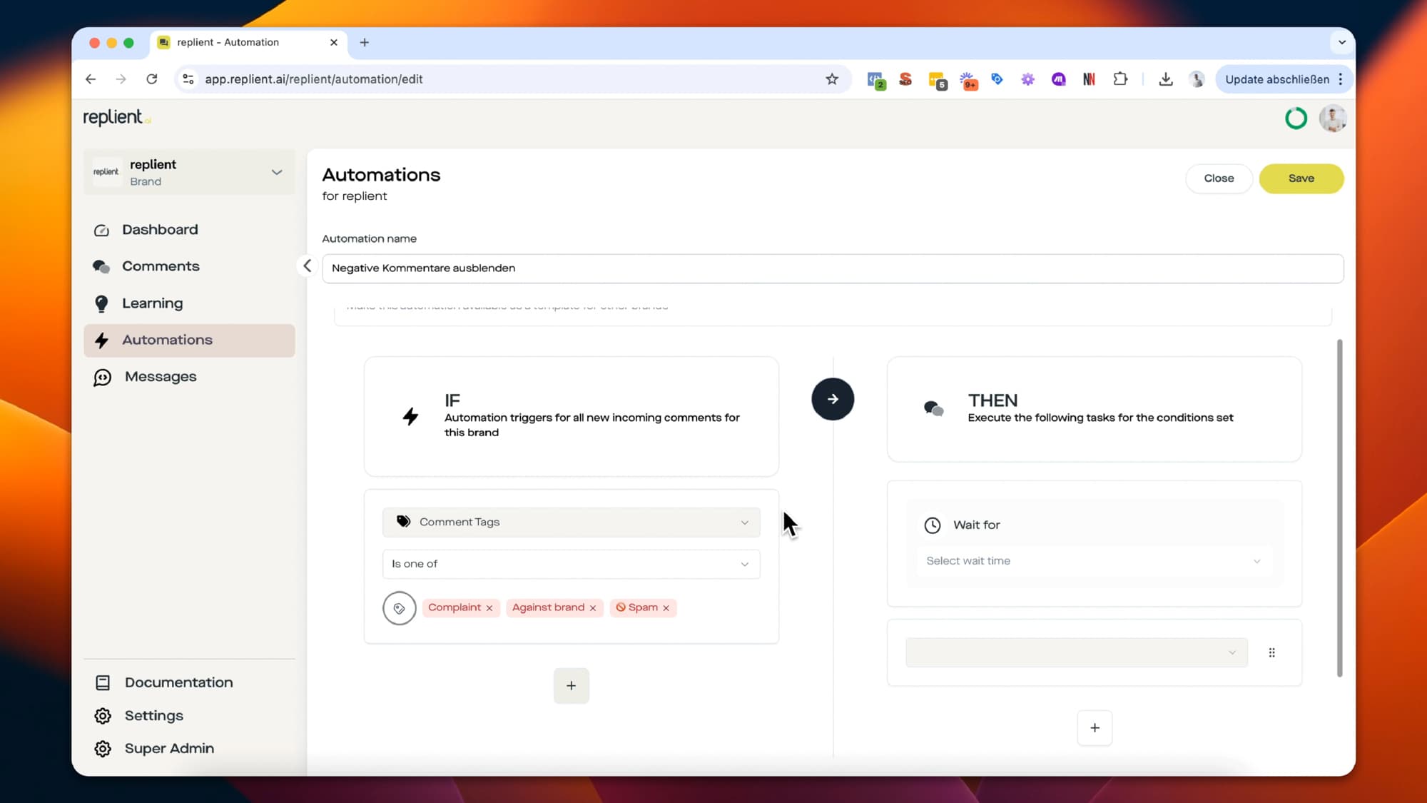Nastavení podmínek automatizace pro automatické skrytí v replient.ai