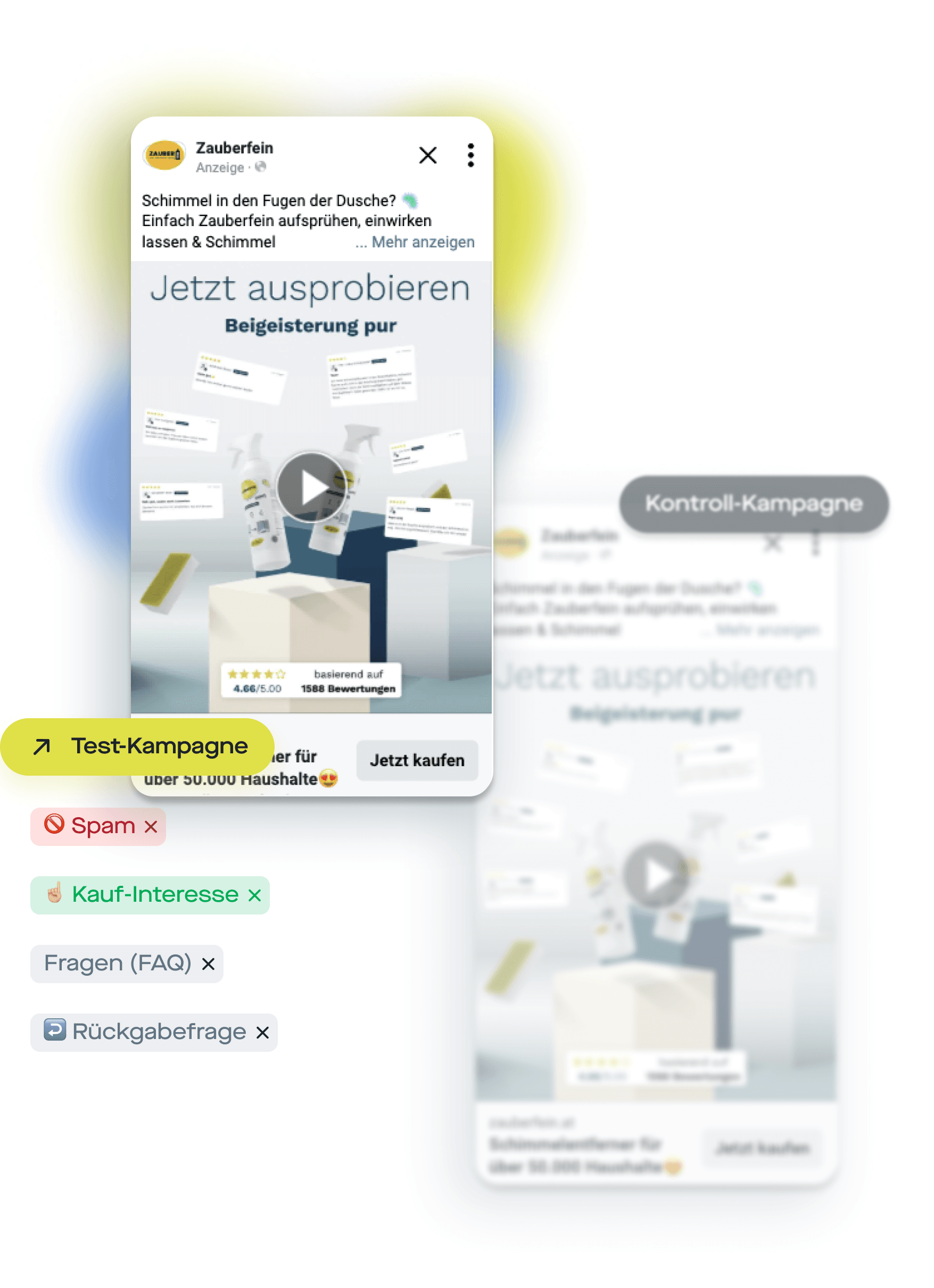 Zauberfein Social-Ad „Jetzt ausprobieren“, Bewertungen 4,66/5; links Tags Test-Kampagne, Spam, Kauf-Interesse, Fragen, Rückgabeanfrage