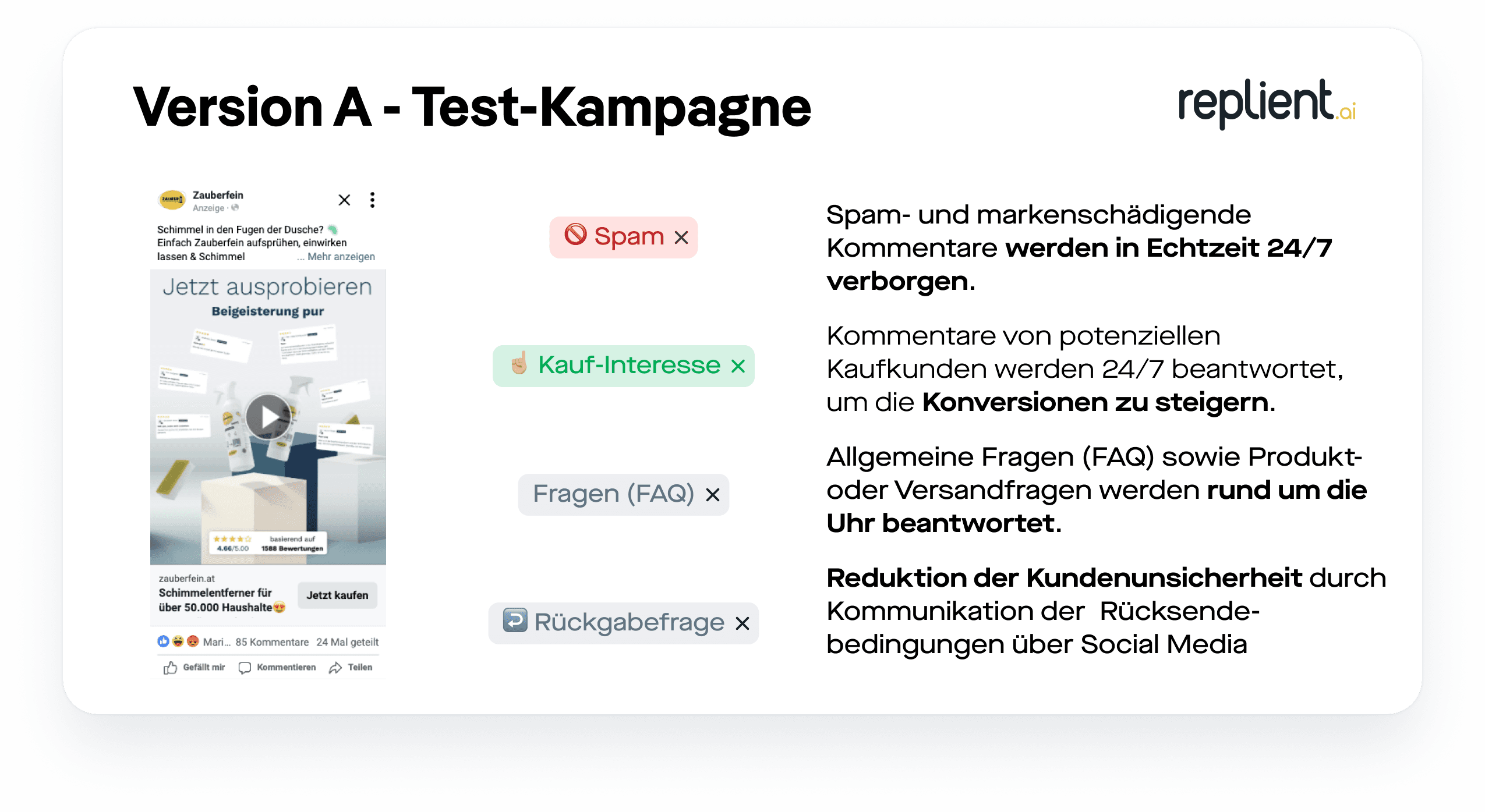 Version A Test-Kampagne: links Zauberfein Social Proof Ad mit Kommentaren, rechts Text zu Spam-Filter, Kauf-Interesse, FAQ, Rückgabefrage