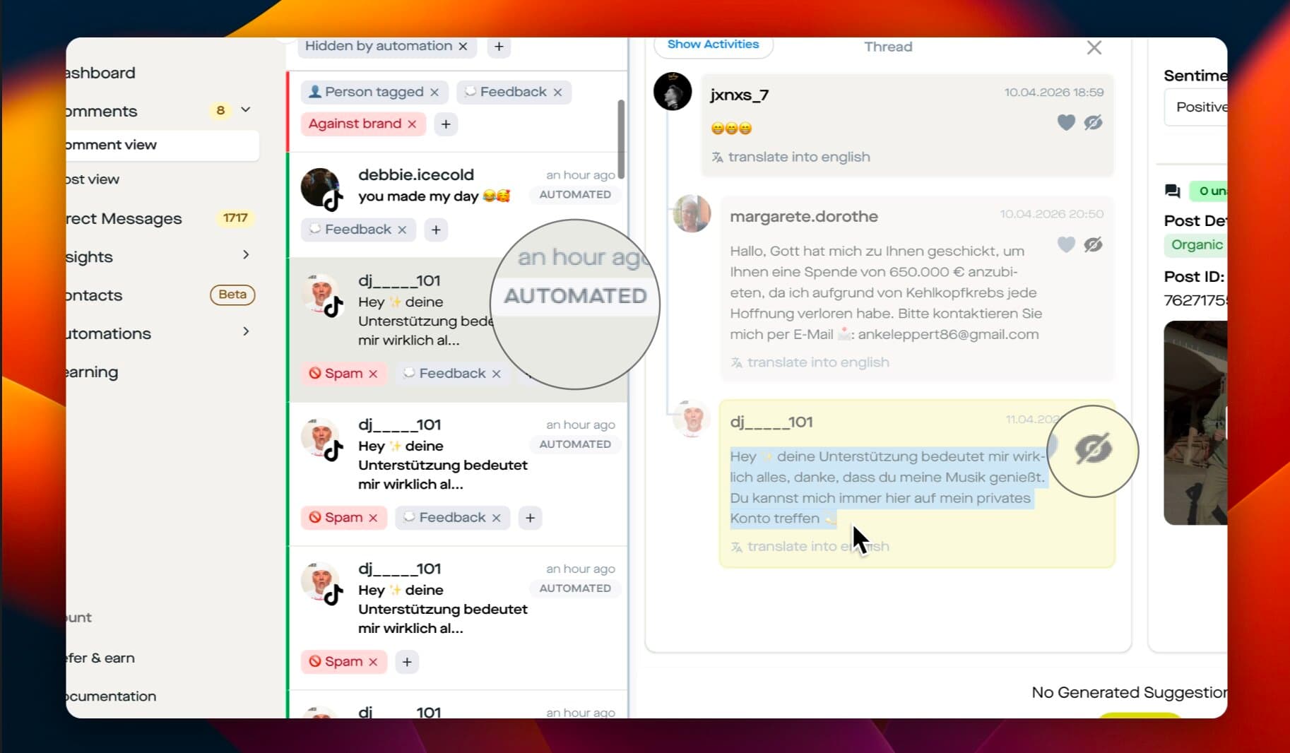 Kommentar-Postfach mit mehrfach wiederholten Spam-Kommentaren unter einem TikTok-Video, die automatisch ausgeblendet und als Spam markiert wurden, daneben eine Betrugsnachricht im Gewand einer Spendenzusage.