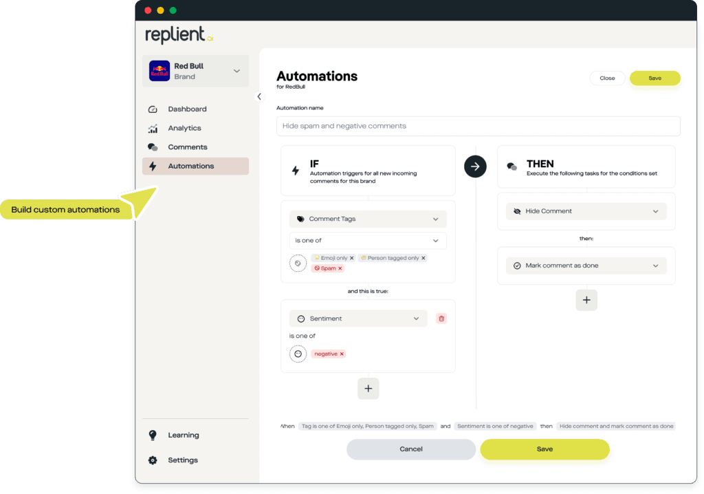 Automazione „Nascondi spam e commenti negativi" con regole IF/THEN
