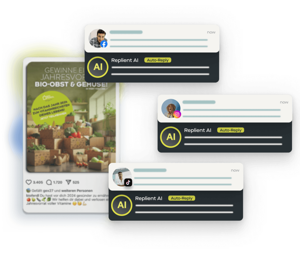 Dashboard centrale con risposte AI per Facebook, Instagram e TikTok