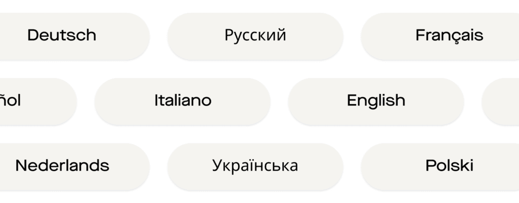 Selezione della lingua: Deutsch, Français, Español, Italiano, English e altre