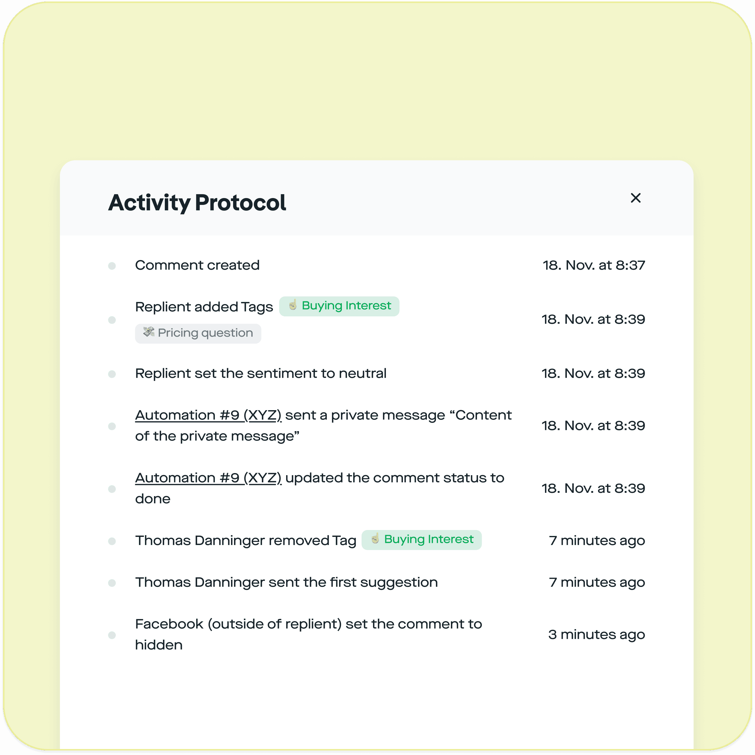 Chronological activity log of all comment actions