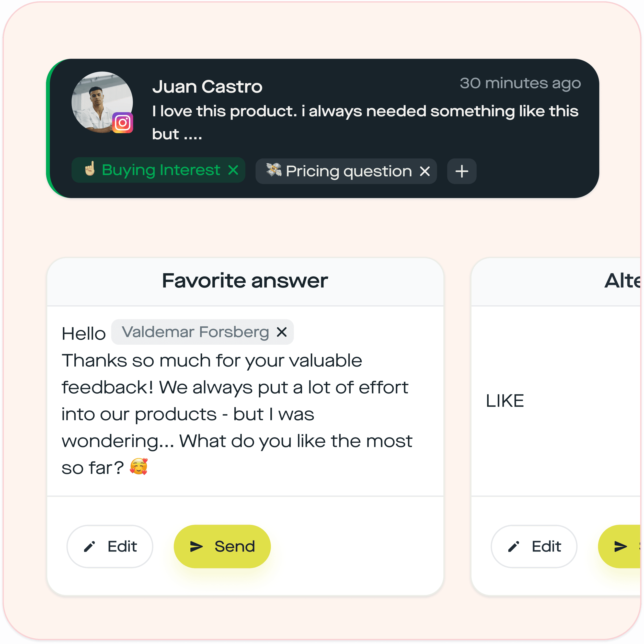 replient.ai dashboard with a comment, tags "Buying Interest", "Pricing question" and a reply template