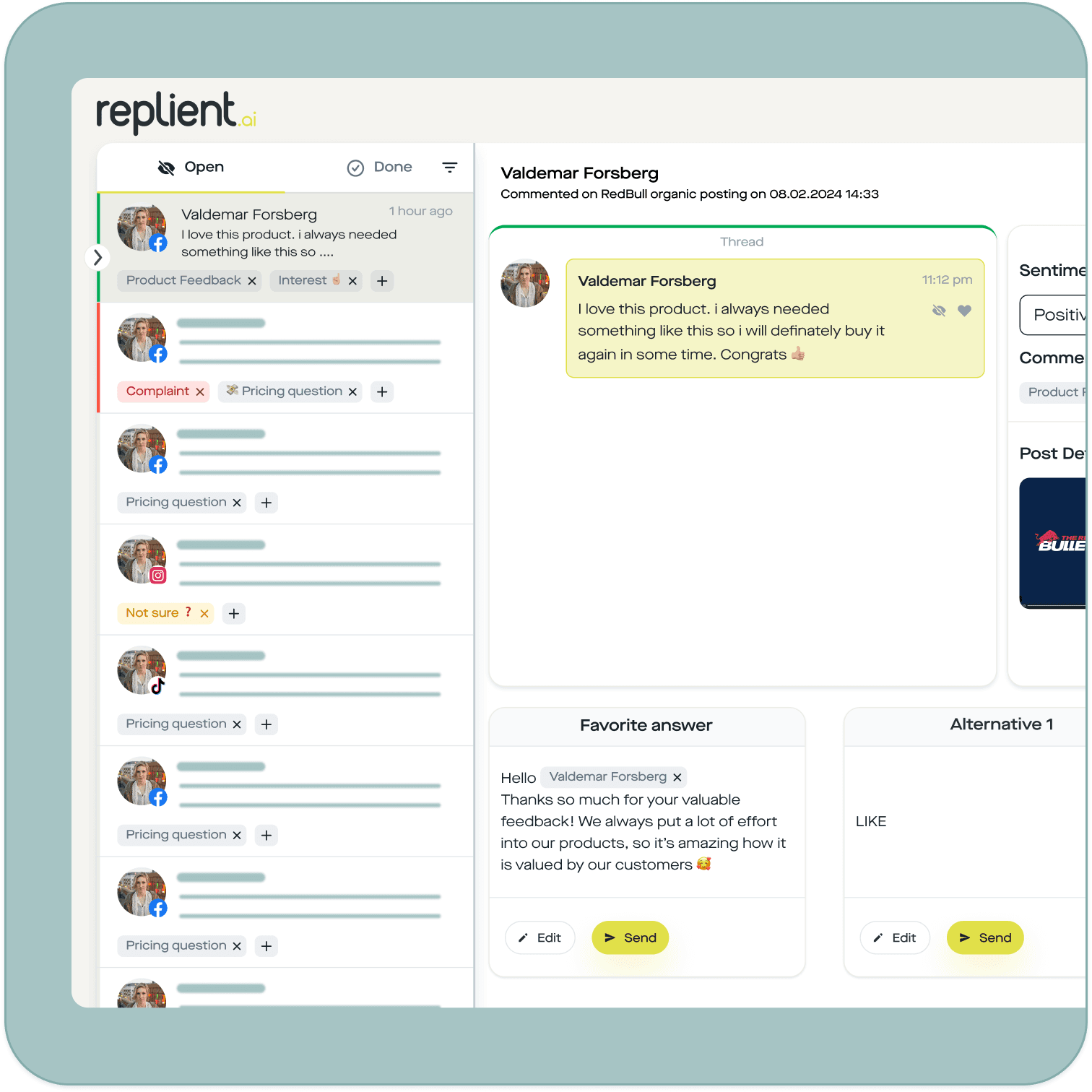 Central replient.ai dashboard with comment thread, sentiment, and tags