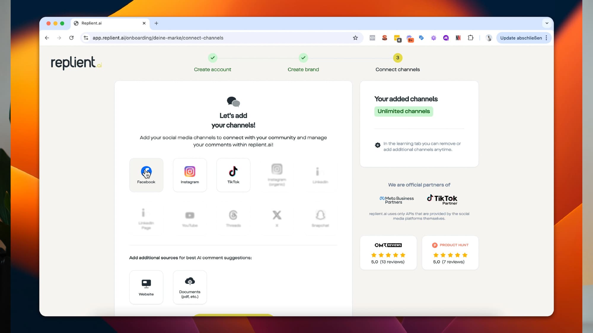Connect social media accounts in replient.ai