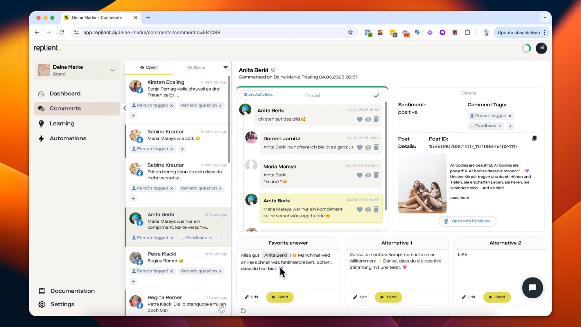 AI-generated reply suggestions in the replient.ai comment dashboard