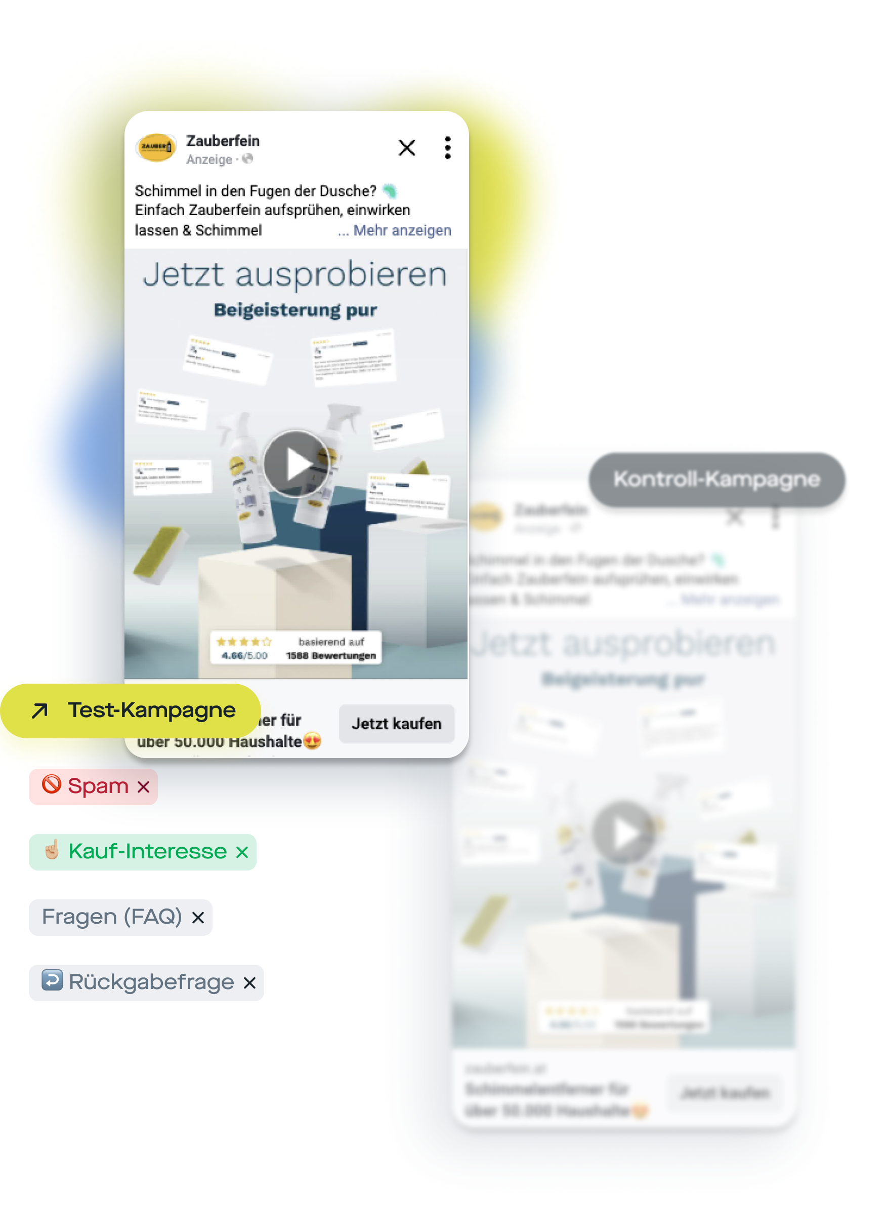 Zauberfein Social-Ad „Jetzt ausprobieren“, Bewertungen 4,66/5; links Tags Test-Kampagne, Spam, Kauf-Interesse, Viagen, Rückgabeanfrage