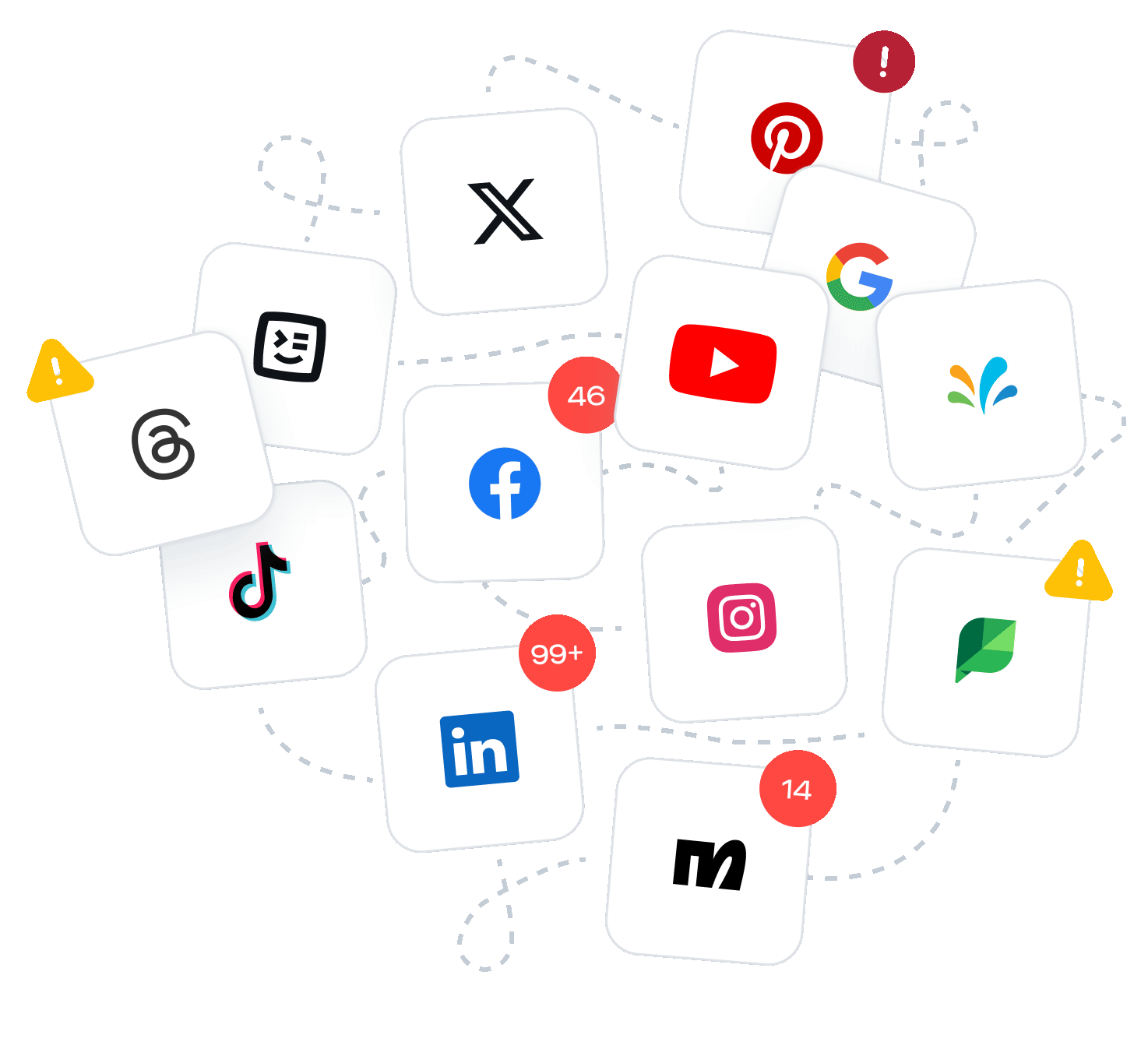 Kachelübersicht mit Logos von Facebook, LinkedIn, YouTube, Instagram, TikTok, X, Google, Pinterest und weiteren Icons