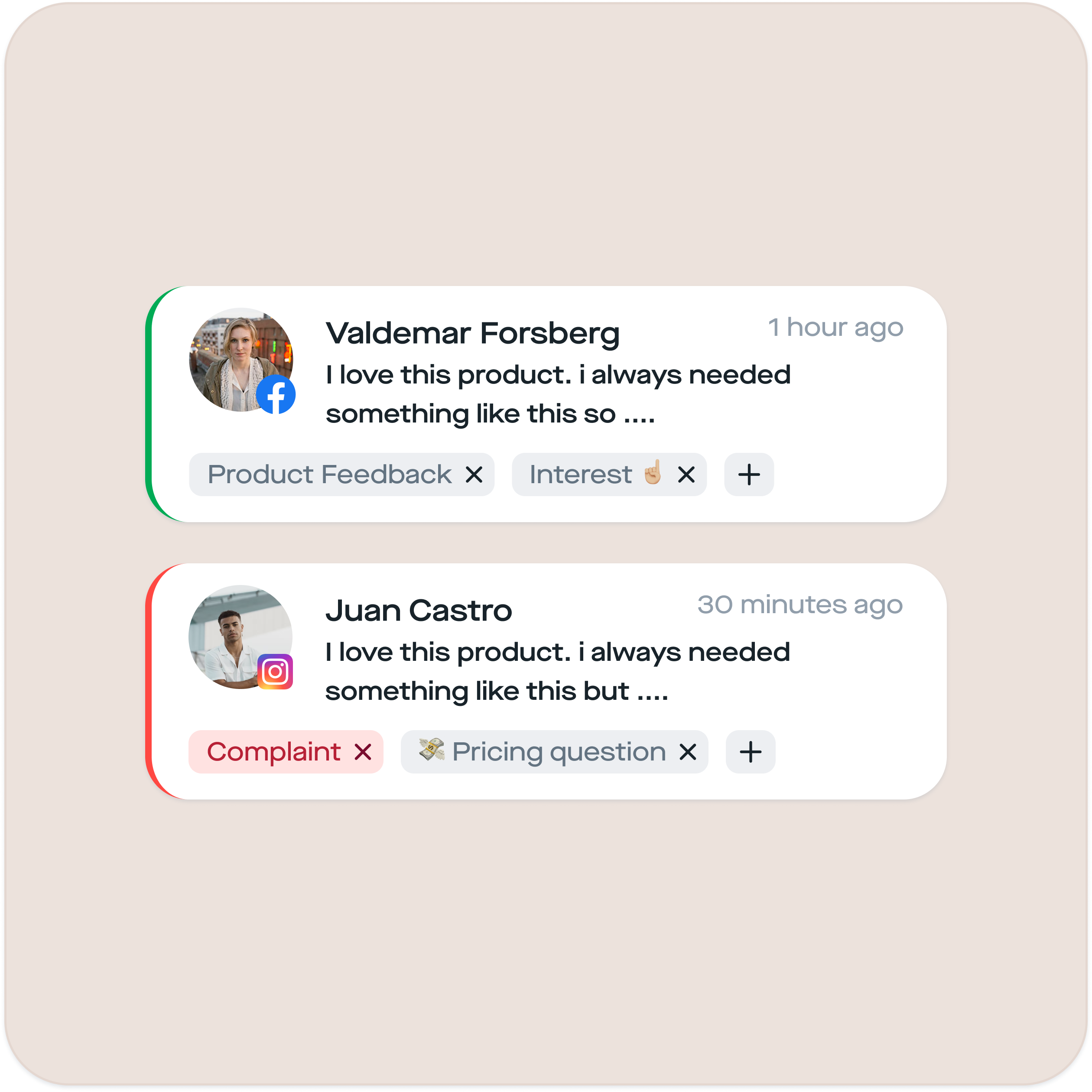 replient.ai Oberfläche mit Facebook- und Instagramissa-Kommentar und Tags Product Feedback, Interest, Complaint, Pricing question