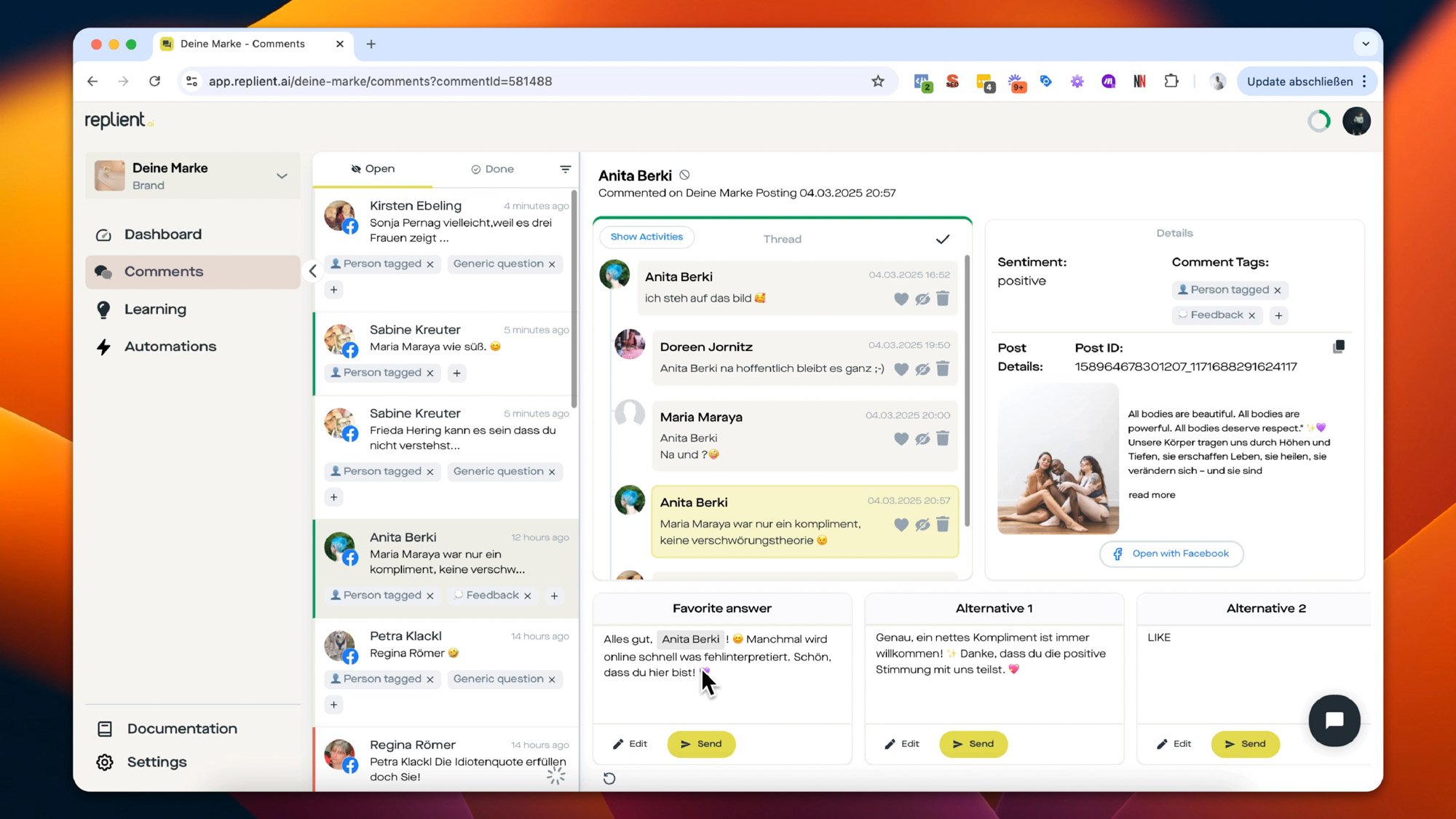 replient.ai dashboard with comment thread, sentiment analysis, and AI reply suggestions