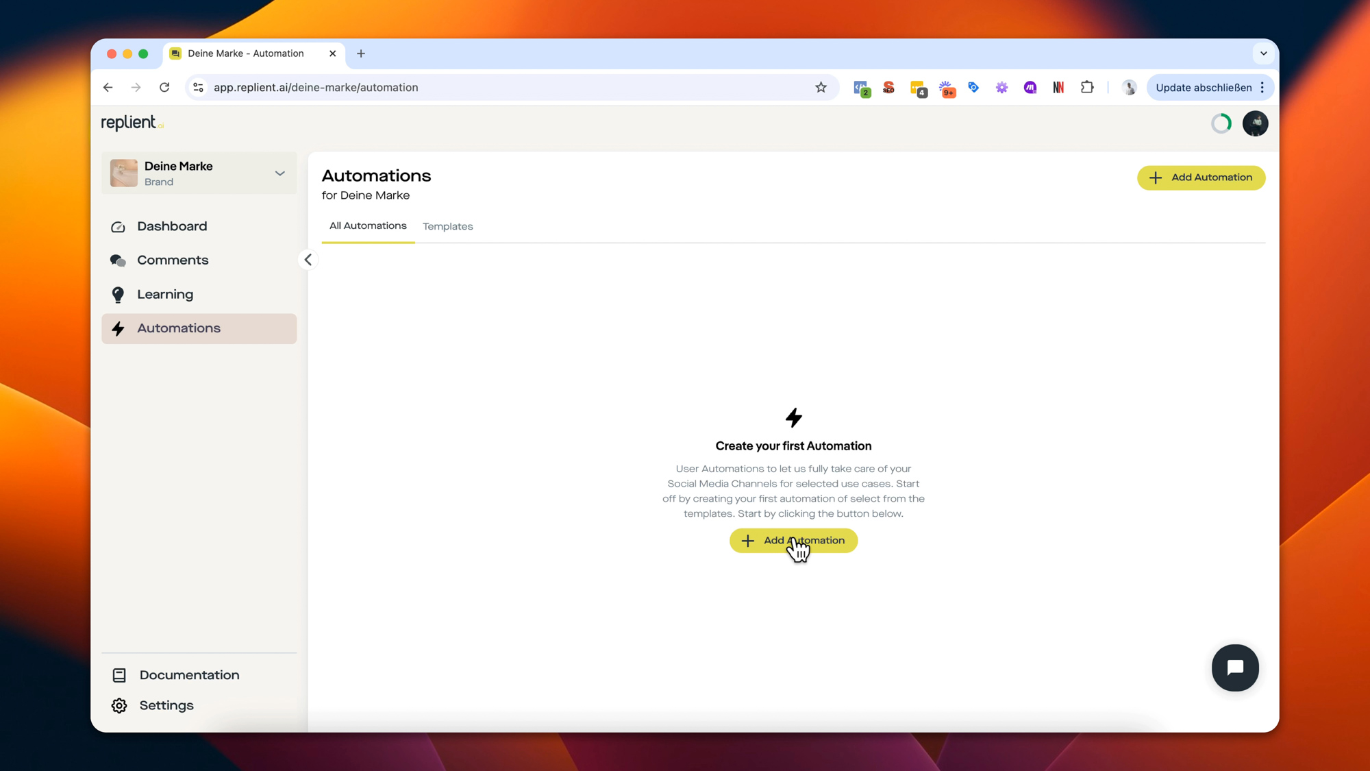 replient.ai Automations-Bereich mit Button Add Automation – Startpunkt für den Lead Magnet DM Flow