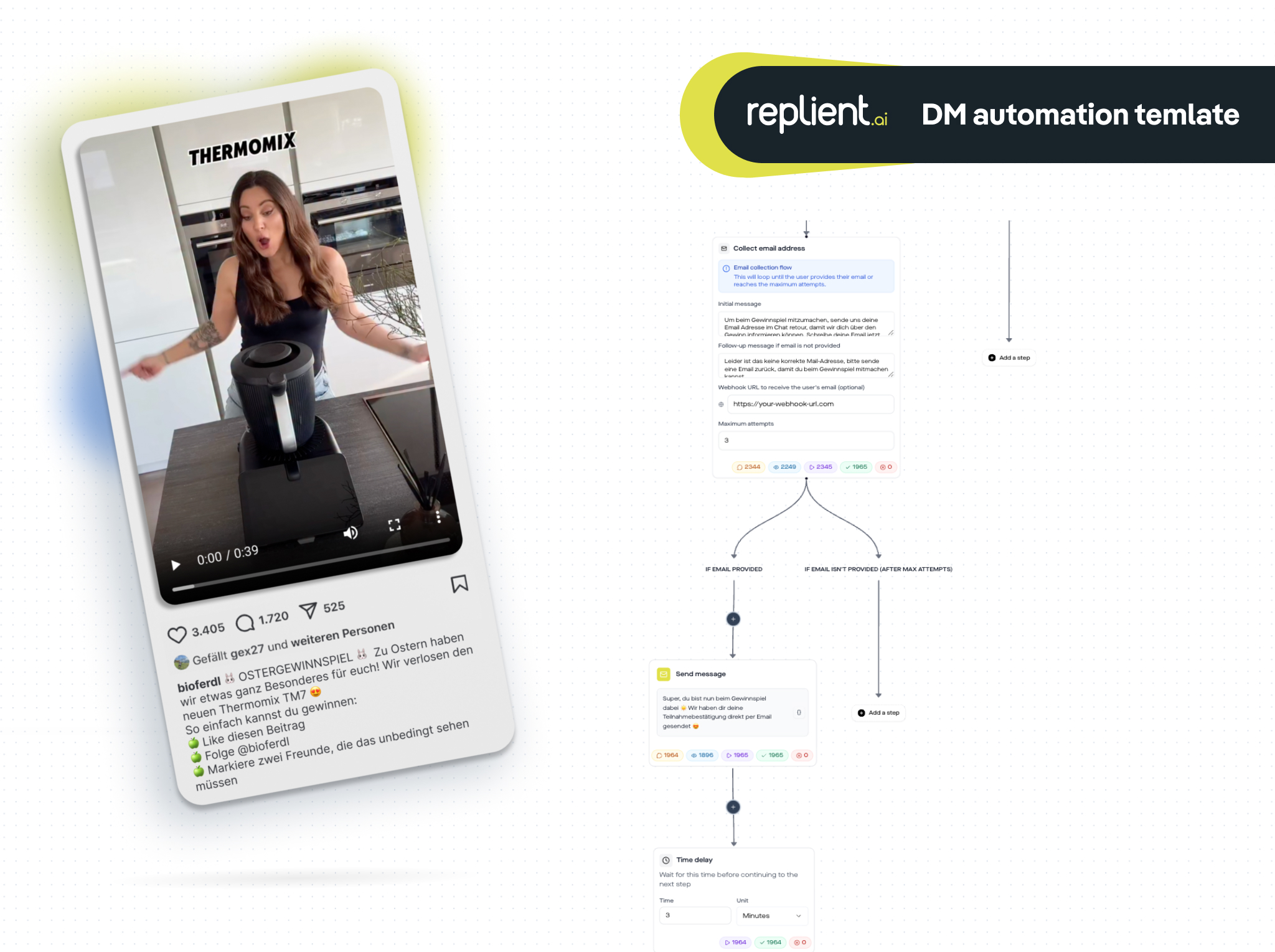 Automatyzacja DM dla konkursu na Instagramie od BioFerdl z kreatorem automatyzacji DM replient.ai, zbieranie obserwujących i adresów e-mail