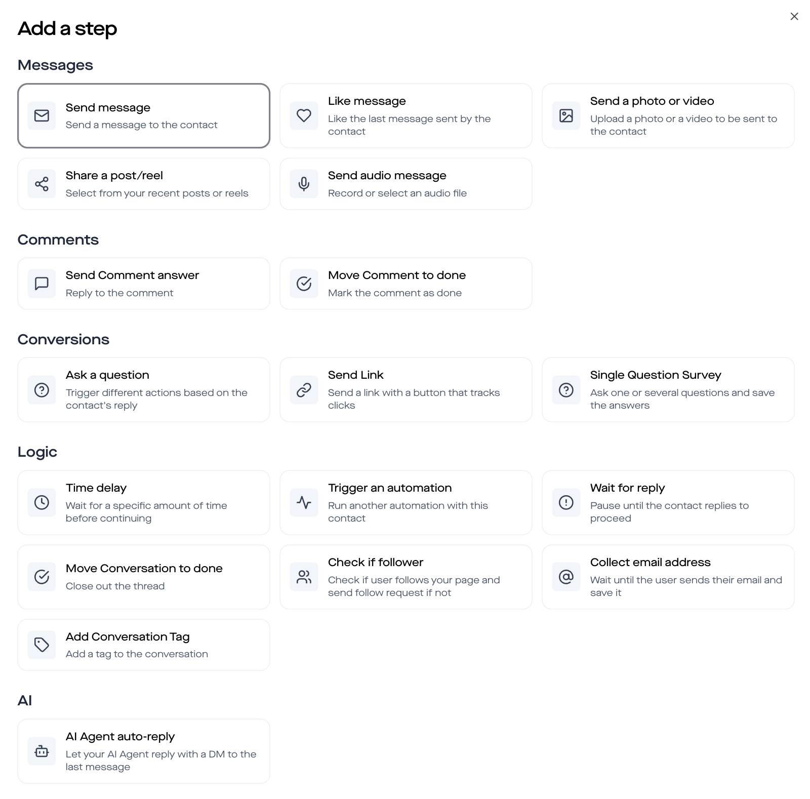 replient.ai Automatización de DM Builder mit allen Action-Steps in der Sidebar – Enviar mensaje, Ask Question, Enviar enlace, Recopilar correo electrónico, Enviar audio, Add Tag