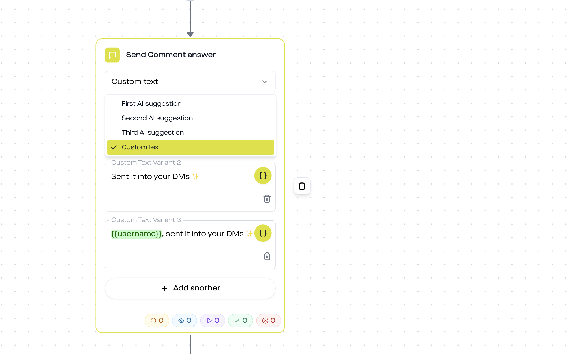 replient.ai Send Comment Answer node with four rotating variants and username variable
