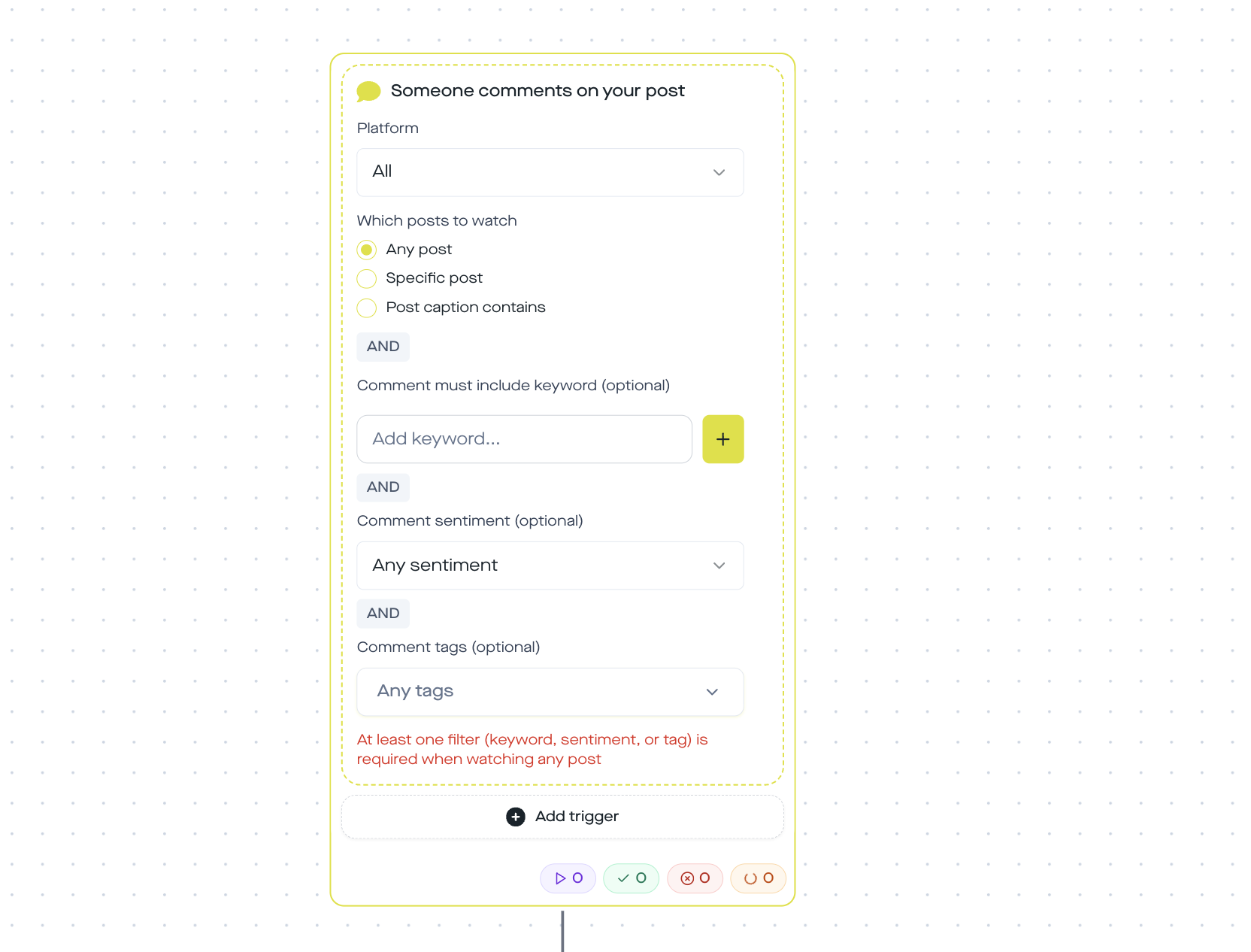 replient.ai DM-automation-trigger: Någon kommenterar ditt inlägg, nyckelordsfilter för utskick av affiliate-länk