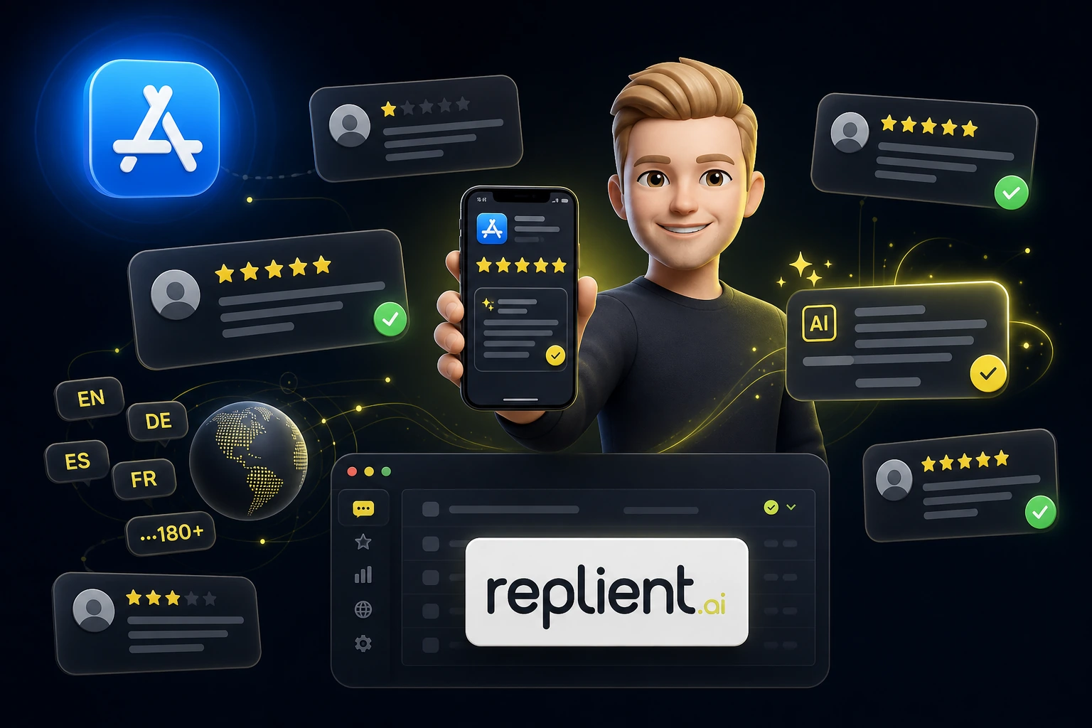 Icône de l'App Store, un smartphone avec un avis 5 étoiles et le tableau de bord replient.ai – image illustrant la gestion des avis de l'App Store avec l'IA dans plus de 180 langues