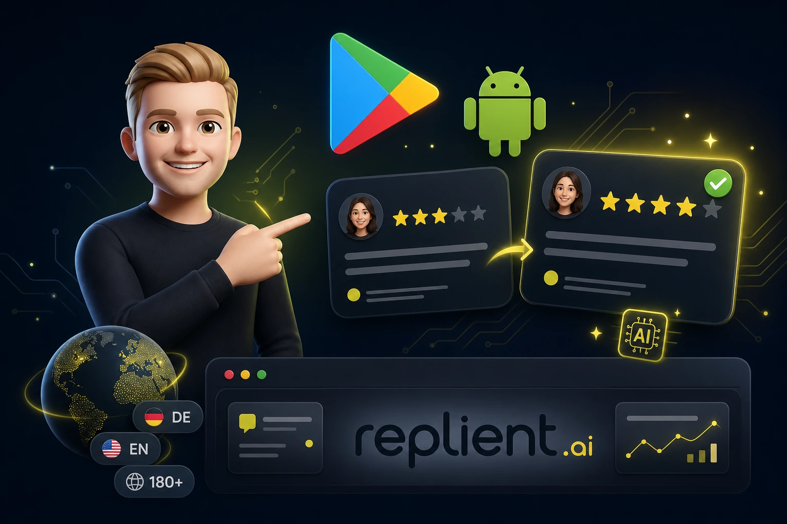 Icône Google Play, un smartphone Android avec une note en étoiles et le tableau de bord replient.ai – image symbolique de la gestion des avis Google Play avec l'IA dans plus de 180 langues