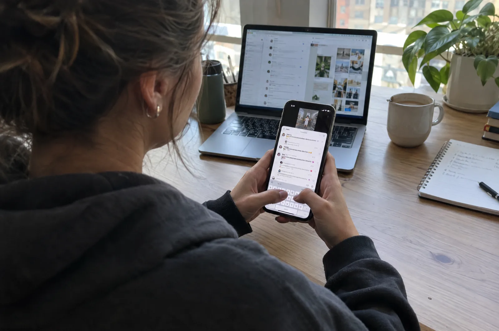 Social media-manager sidder ved skrivebordet og skriver et svar i en lang kommentartråd under en kort video