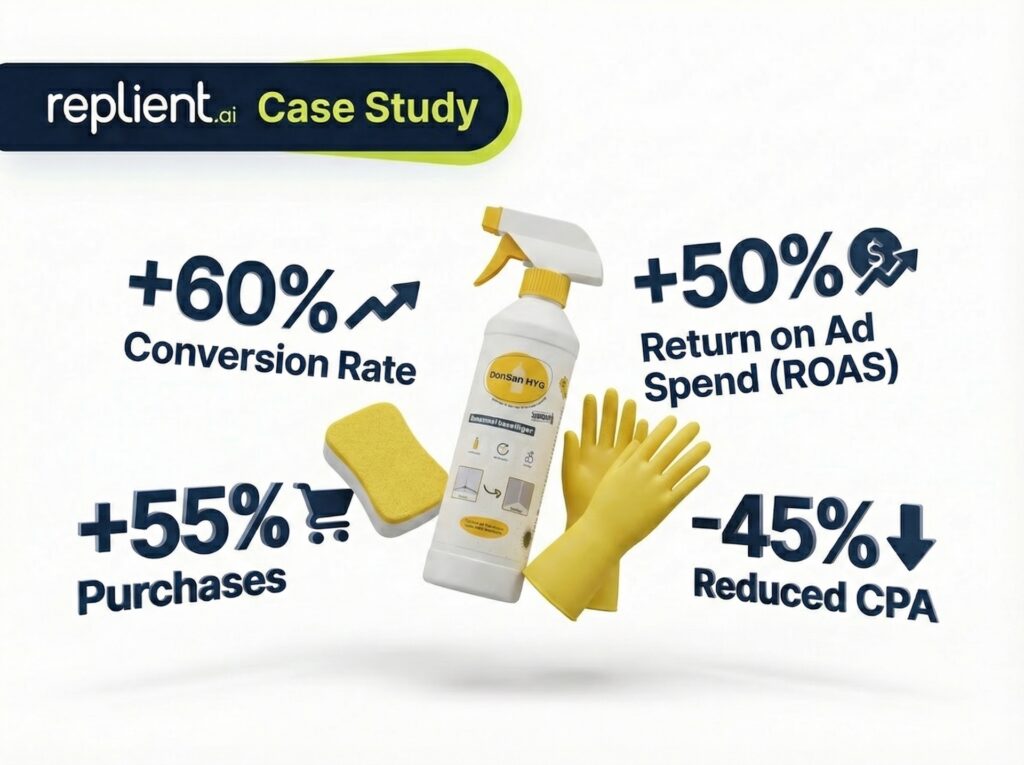 replient.ai Case Study mit Putzspray, Schwamm, Handschuhen, daneben Kennzahlen: +60% Conversion Rate, +55% Purchases, +50% ROAS, -45% CPA