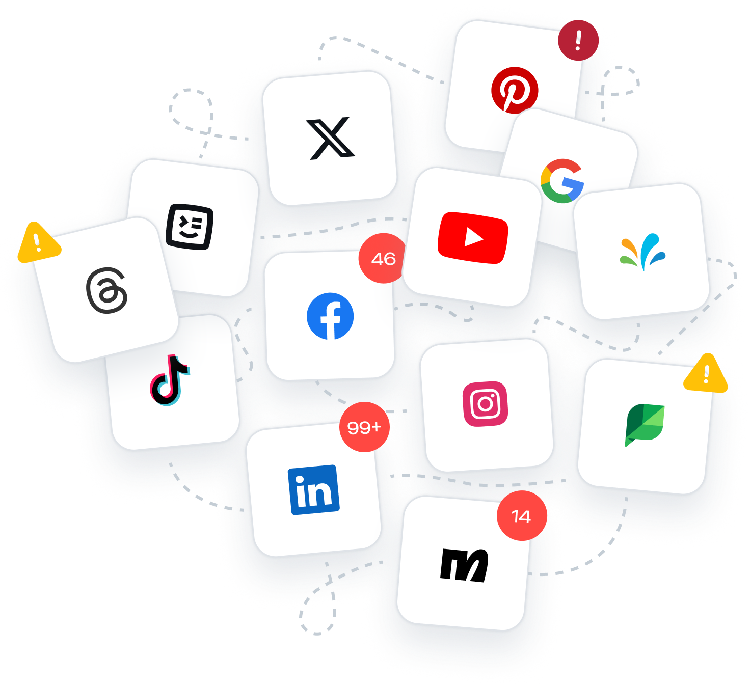 Tile overview with logos of Facebook, LinkedIn, YouTube, Instagram, TikTok, X, Google, Pinterest and other icons