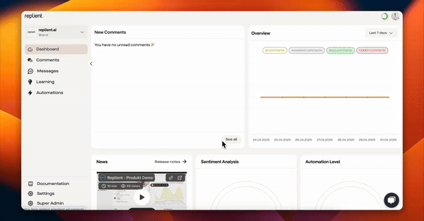 replient.ai social media dashboard with panels for New Comments, Overview, News, Sentiment Analysis and Automation Level
