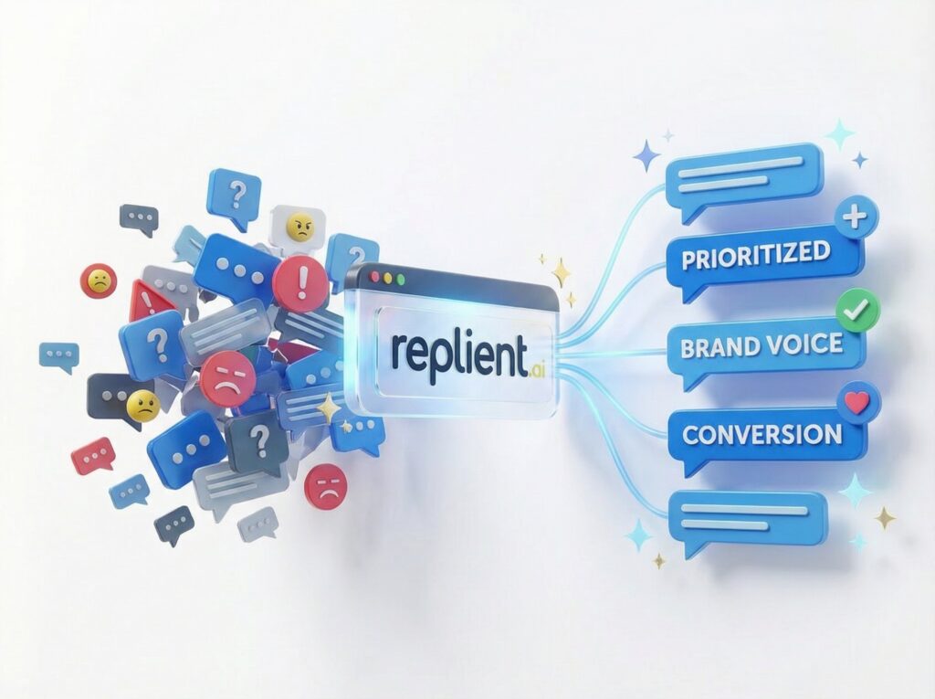 Řídicí panel replient.ai třídí chaotické komentáře s emotikony vlevo do uspořádaných bublin vpravo obsahujících text PRIORITIZOVÁNO, HLAS ZNAČKY, KONVERZE.