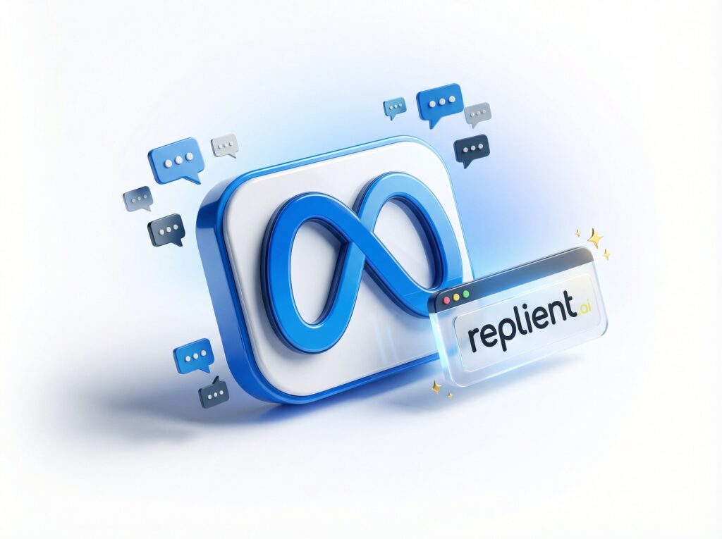 Blå meta-uendelig logo med omkringliggende snakkebobler, foran som er et flytende nettleservindu med teksten «replient.ai»