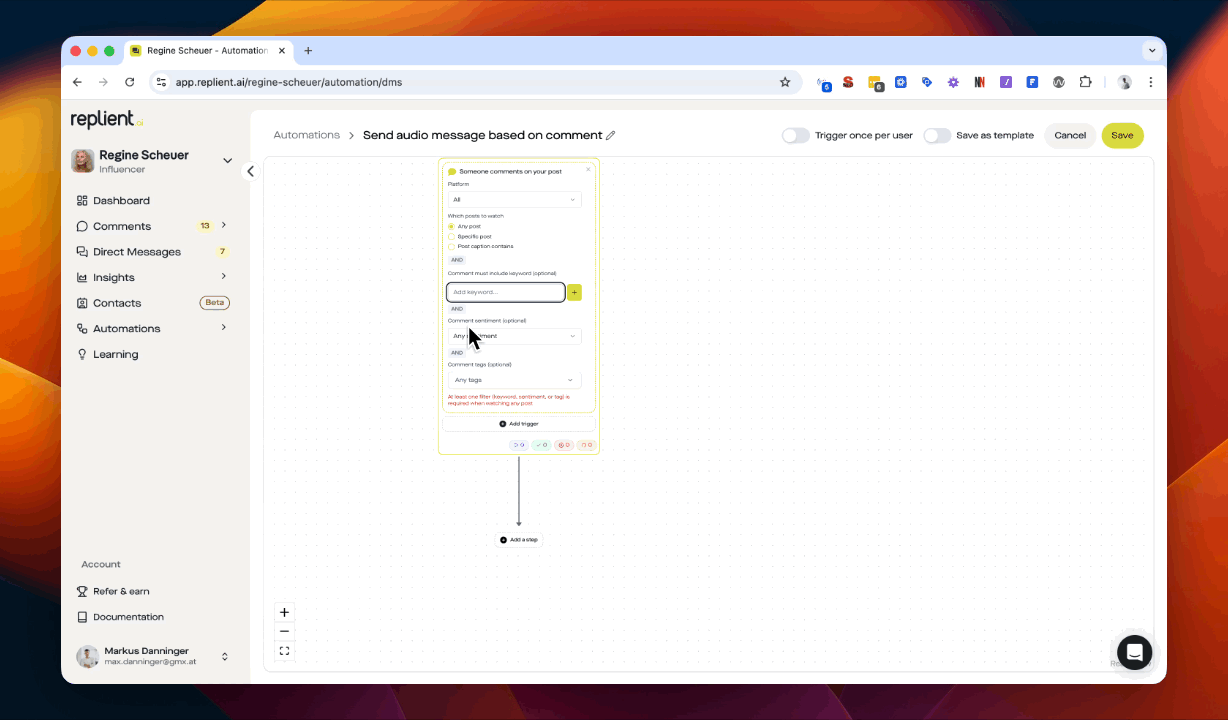 replient.ai Send Audio Message Node mit Comment-Trigger-Flow in Aktion