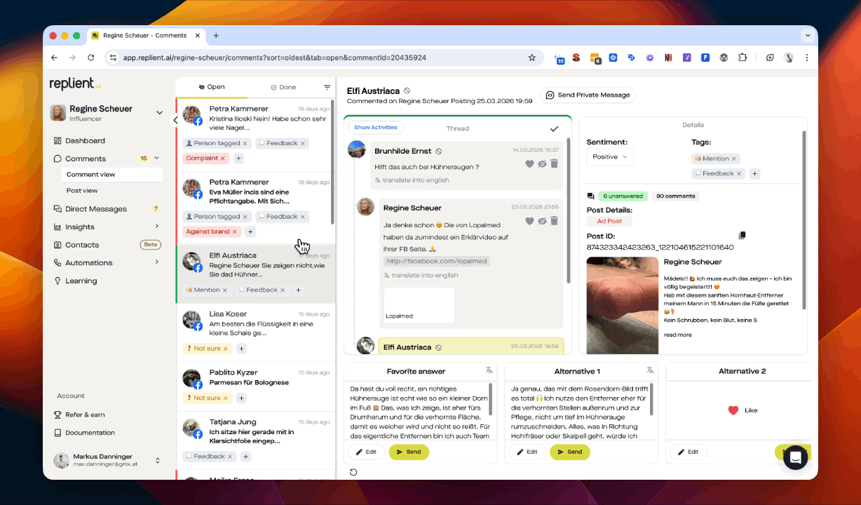 GIF mostra il dashboard di replient.ai con la lista dei commenti a sinistra, modelli di risposta FAQ al centro e analisi del sentiment a destra